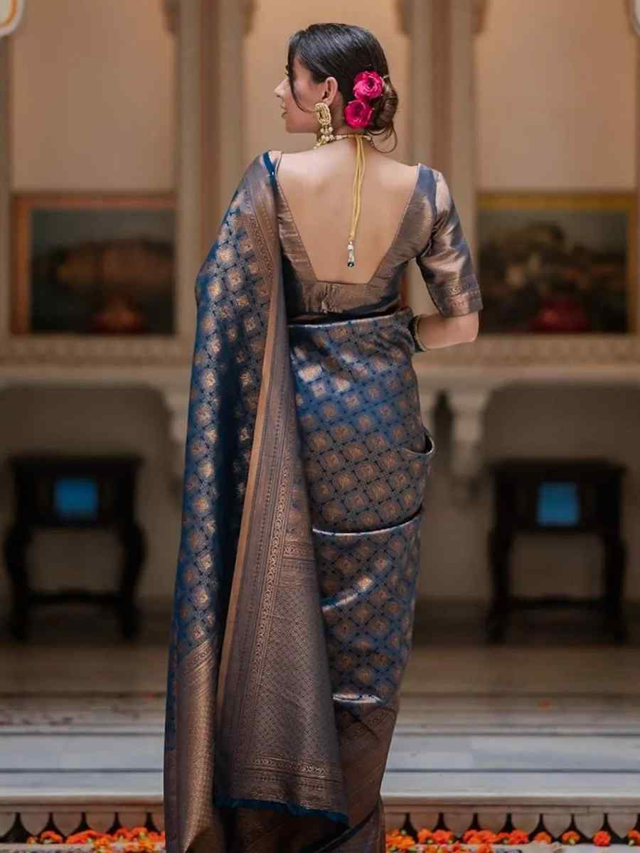 Blue Silk Handwoven Festival Wedding Fancy Heavy Border Saree