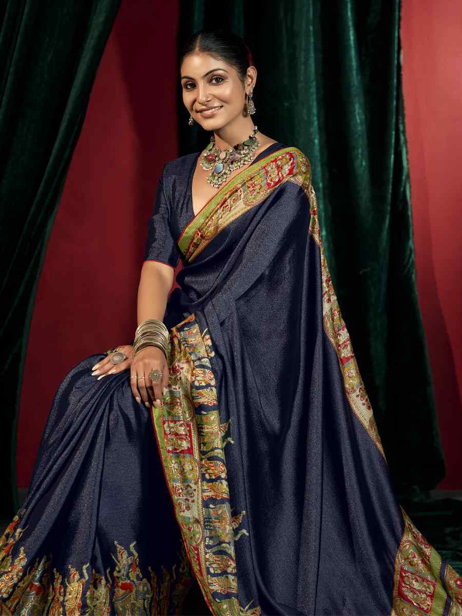 Blue Silk Handwoven Traditional Bridal Reception Festival Wedding Fancy Heavy Border Saree