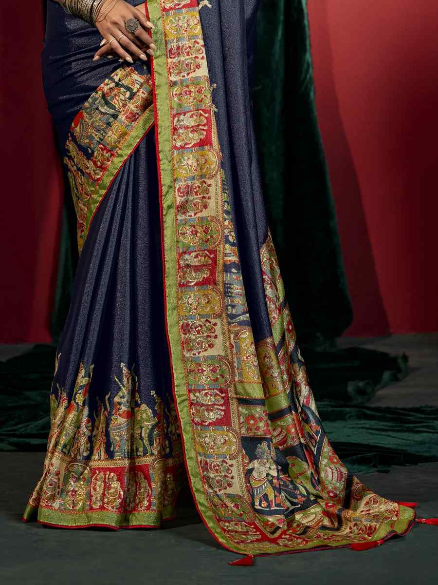 Blue Silk Handwoven Traditional Bridal Reception Festival Wedding Fancy Heavy Border Saree