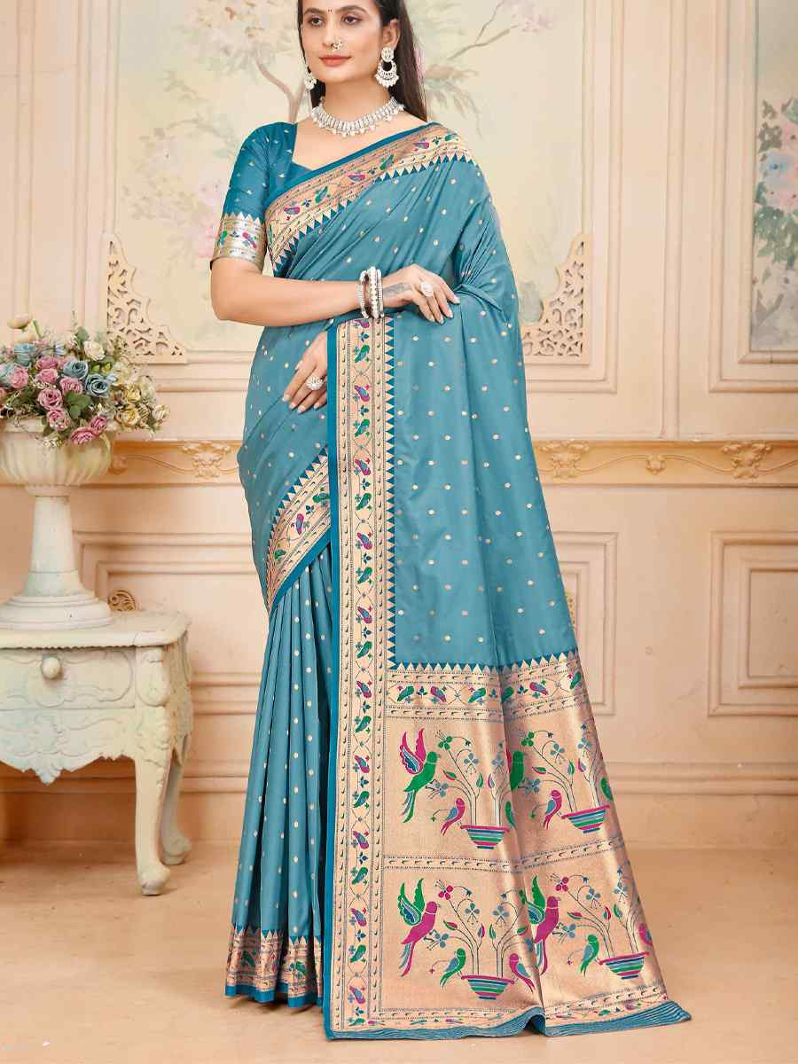 Blue Silk Handwoven Traditional Bridal Reception Festival Wedding Fancy Heavy Border Saree