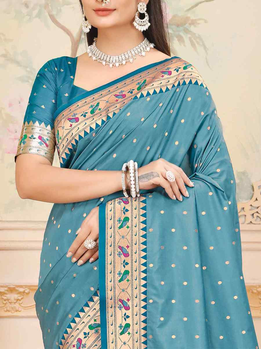 Blue Silk Handwoven Traditional Bridal Reception Festival Wedding Fancy Heavy Border Saree