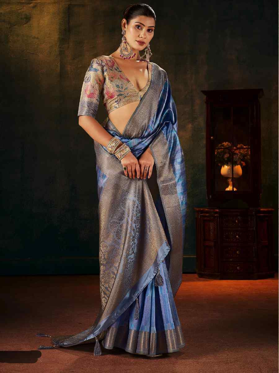 Blue Silk Handwoven Traditional Bridal Reception Festival Wedding Fancy Heavy Border Sarees