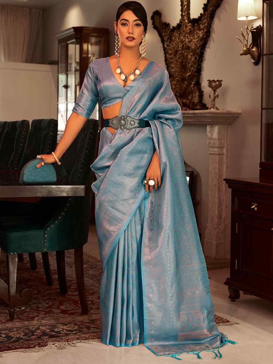 Blue Silk Handwoven Wedding Festival Heavy Border Saree