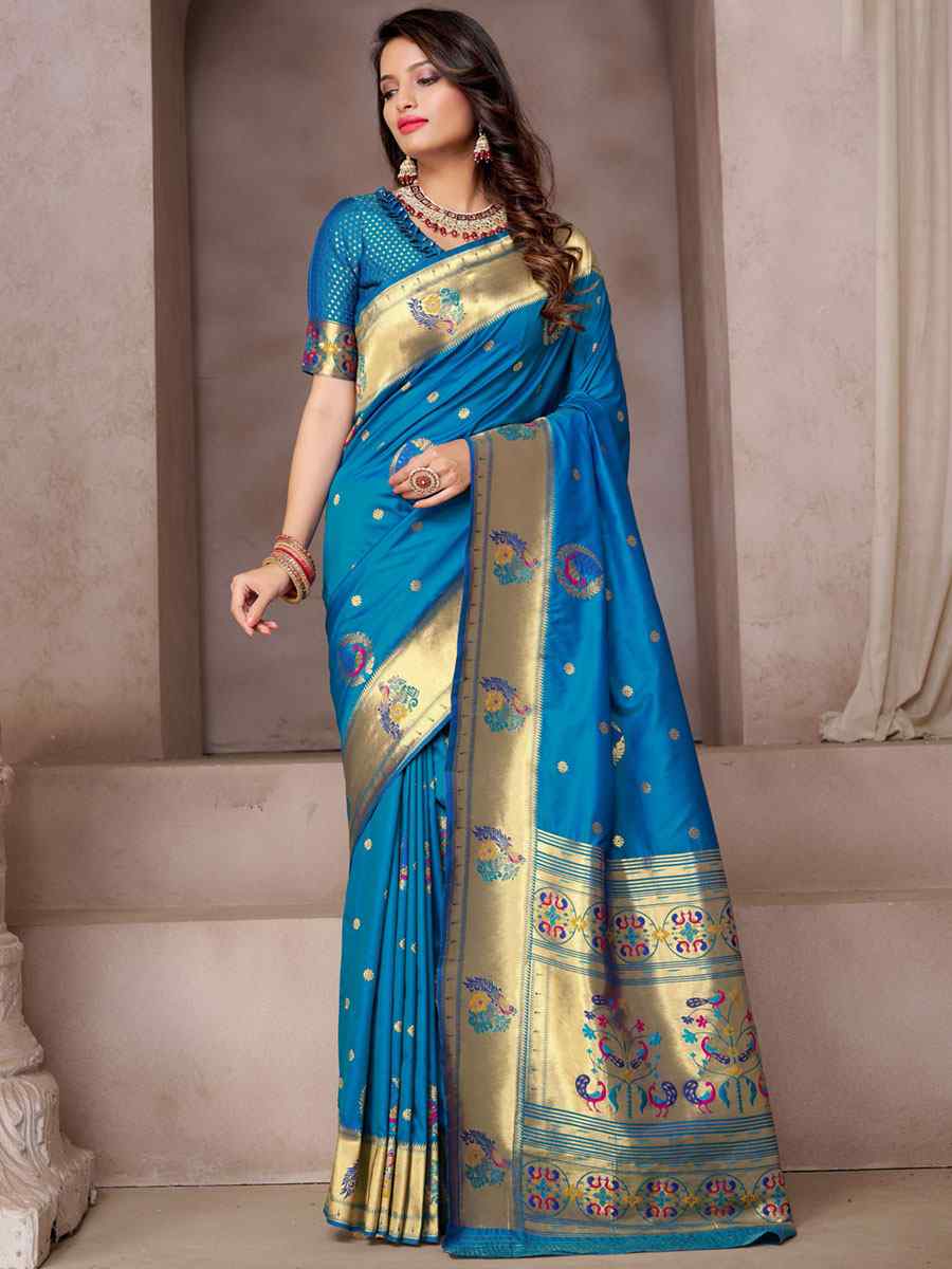 Blue Silk Handwoven Wedding Festival Heavy Border Saree