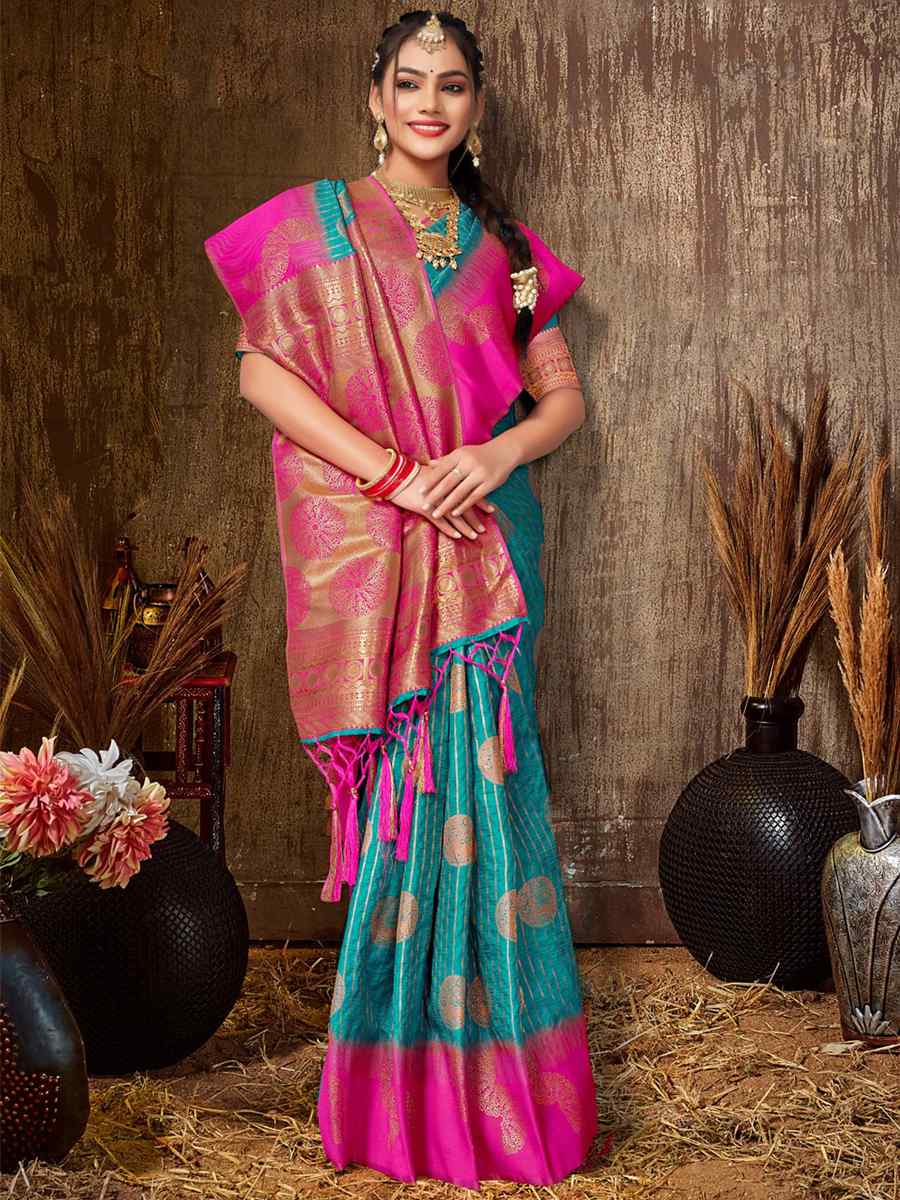 Blue Silk Handwoven Wedding Festival Heavy Border Saree