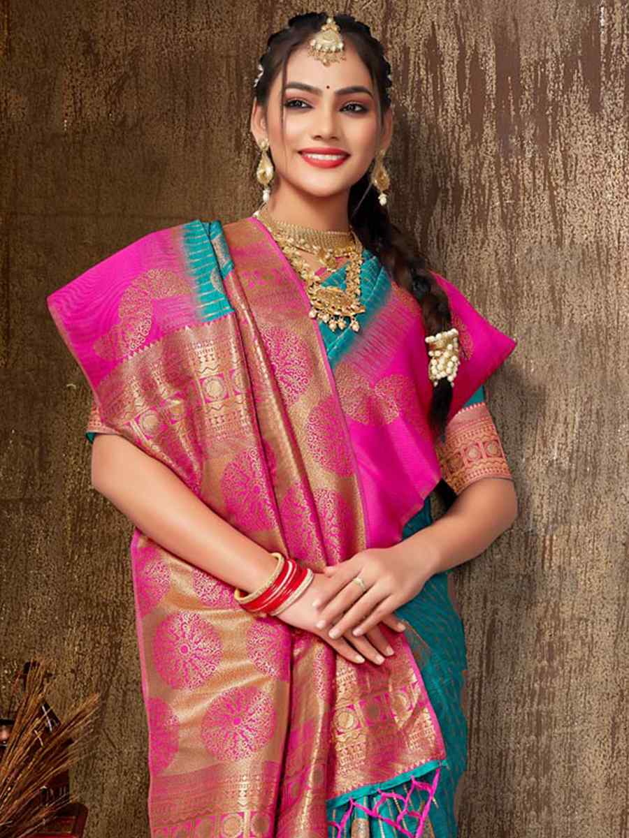 Blue Silk Handwoven Wedding Festival Heavy Border Saree