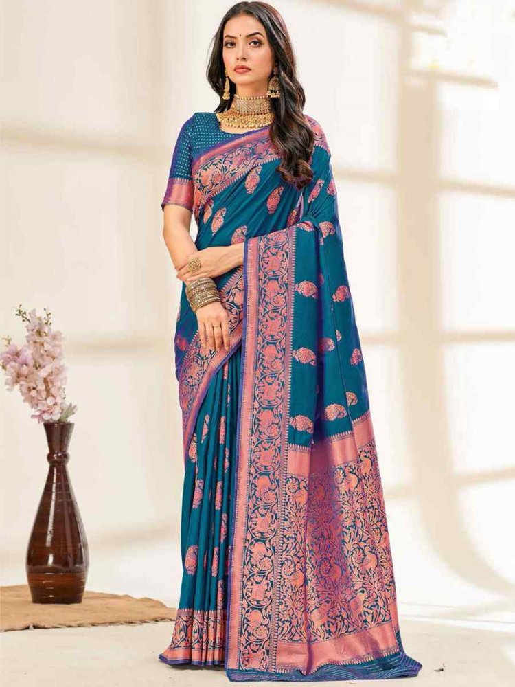 Blue Silk Handwoven Wedding Festival Heavy Border Saree