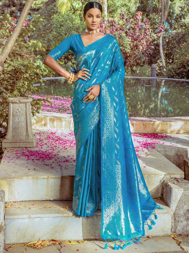 Blue Silk Handwoven Wedding Festival Heavy Border Saree