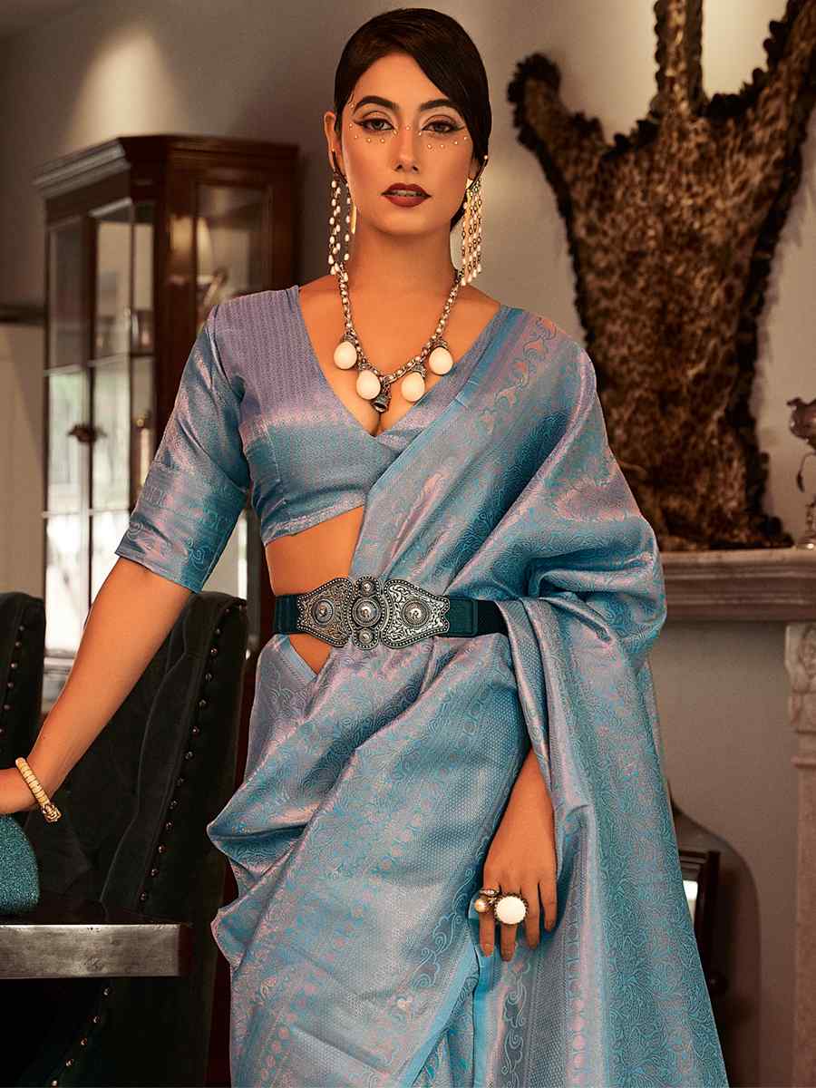 Blue Silk Handwoven Wedding Festival Heavy Border Saree