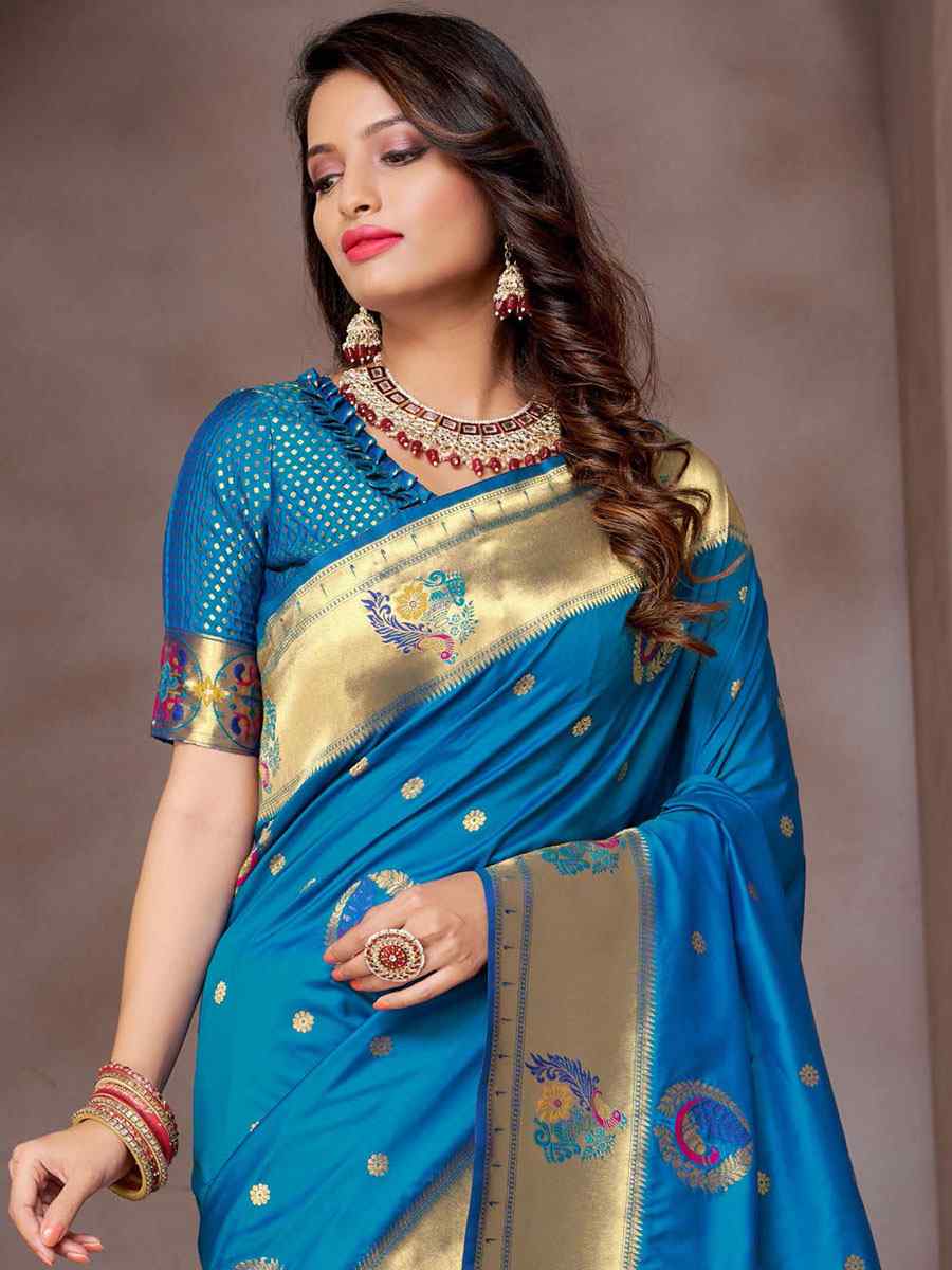 Blue Silk Handwoven Wedding Festival Heavy Border Saree