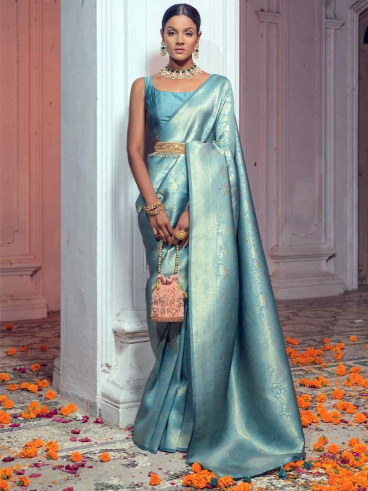 Blue Silk Handwoven Wedding Festival Heavy Border Saree