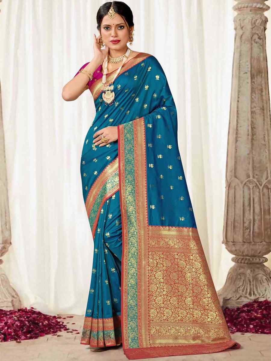 Blue Silk Handwoven Wedding Festival Heavy Border Saree