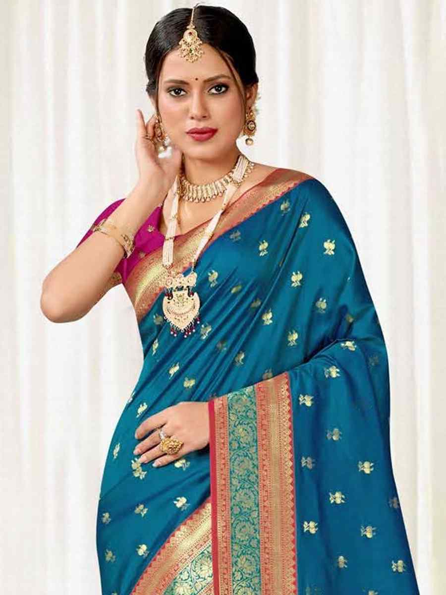 Blue Silk Handwoven Wedding Festival Heavy Border Saree