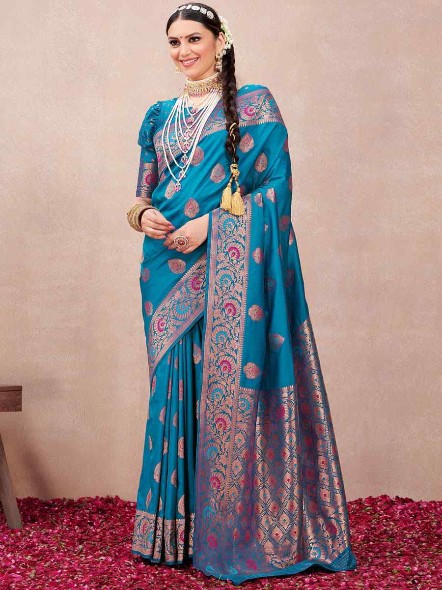 Blue Silk Handwoven Wedding Festival Heavy Border Saree