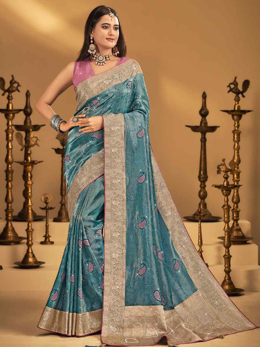 Blue Silk Handwoven with Embroidery Bridal Reception Festival Wedding Fancy Heavy Border Saree
