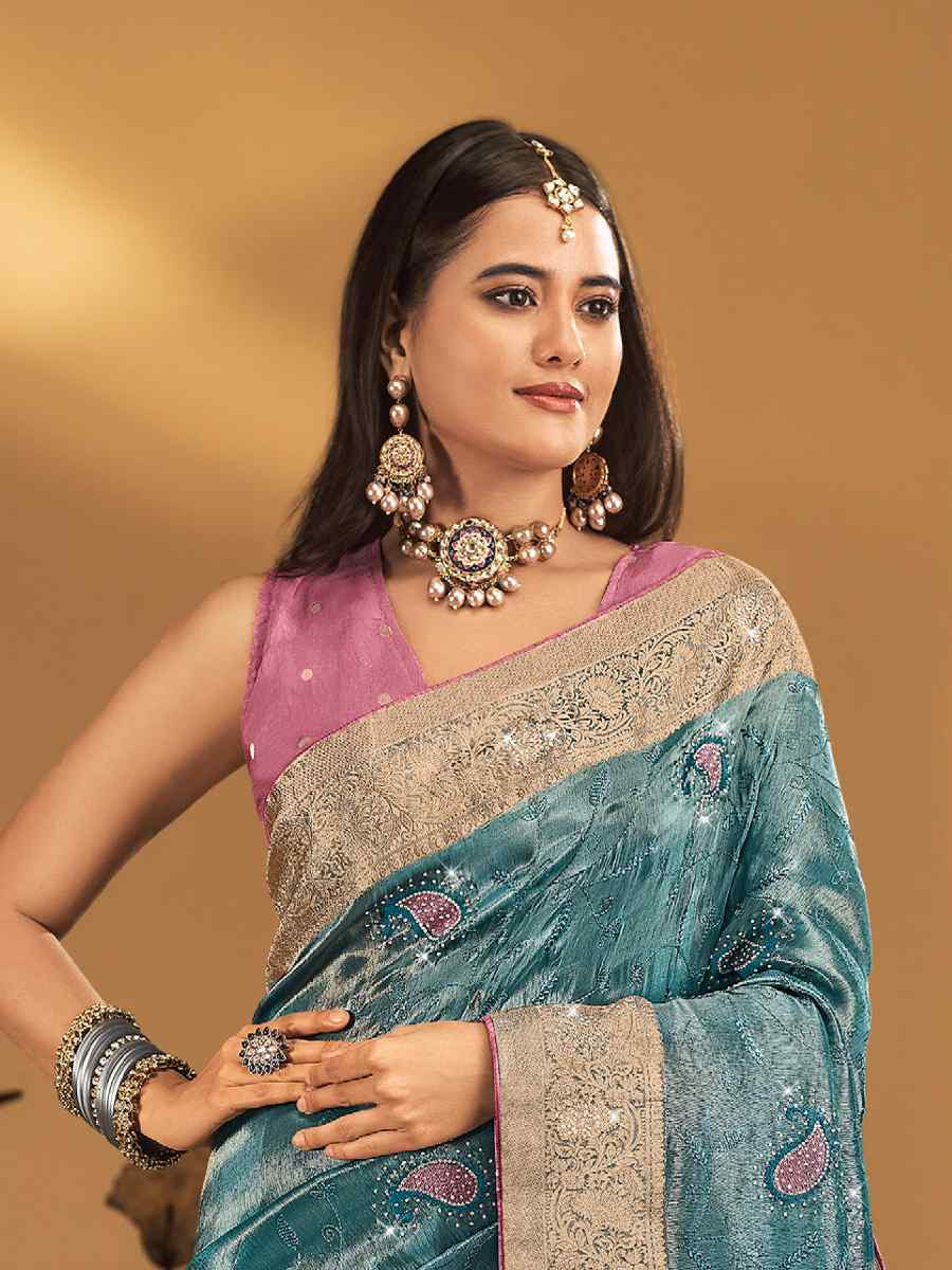 Blue Silk Handwoven with Embroidery Bridal Reception Festival Wedding Fancy Heavy Border Saree