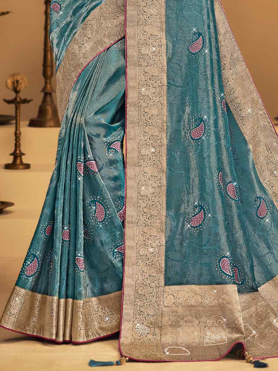 Blue Silk Handwoven with Embroidery Bridal Reception Festival Wedding Fancy Heavy Border Saree