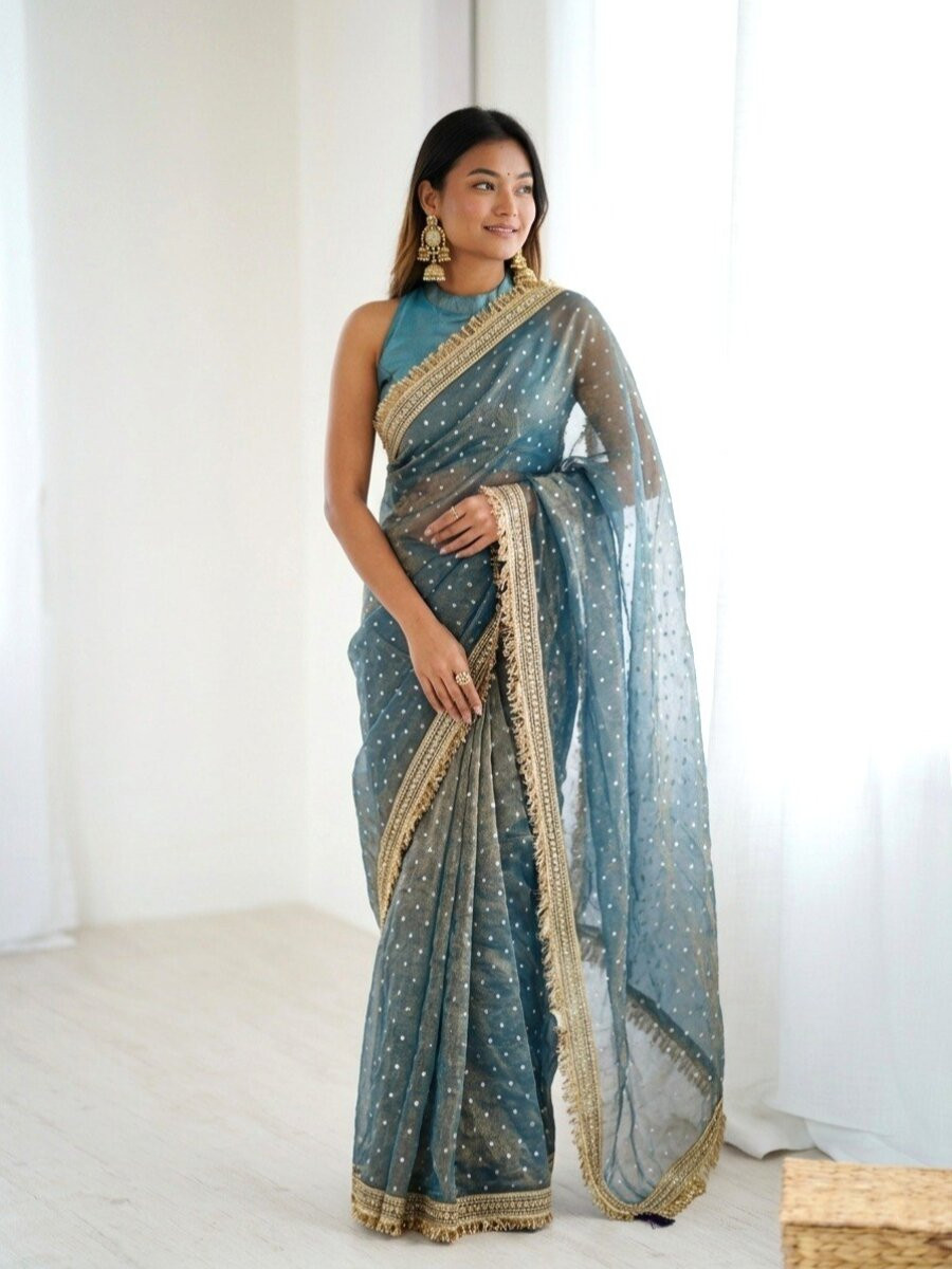 Blue Silk Jaquard Butti Wedding Reception Party Festival Casual Heavy Border Sarees