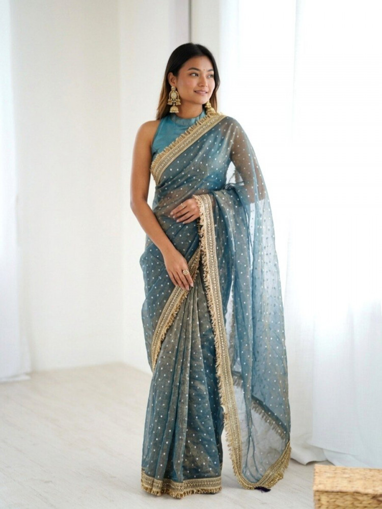 Image of Blue Silk Jaquard Butti Wedding Reception Party Festival Casual Heavy Border Sarees