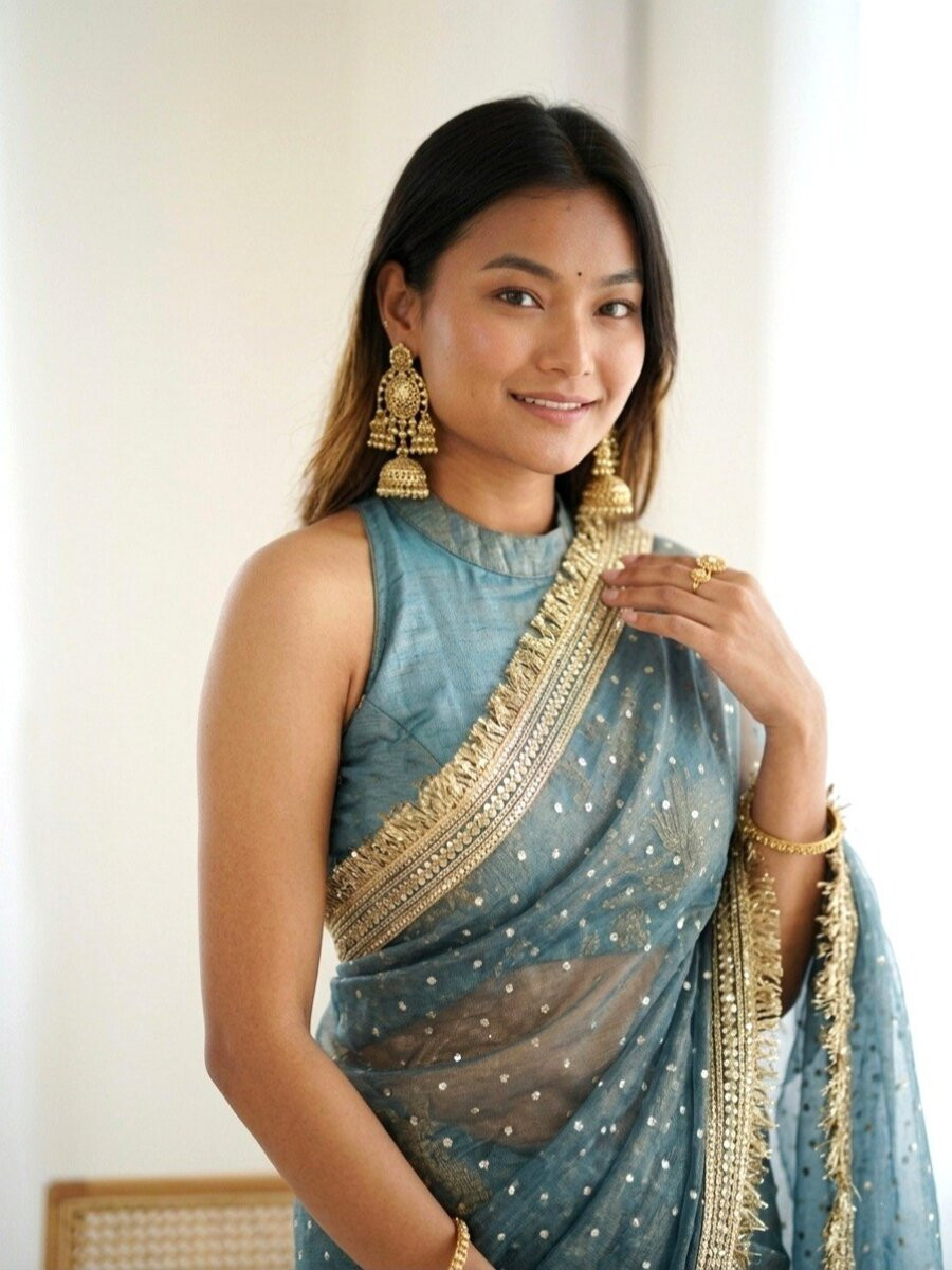 Blue Silk Jaquard Butti Wedding Reception Party Festival Casual Heavy Border Sarees