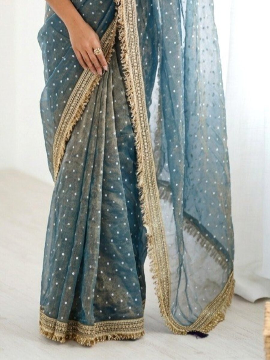 Blue Silk Jaquard Butti Wedding Reception Party Festival Casual Heavy Border Sarees