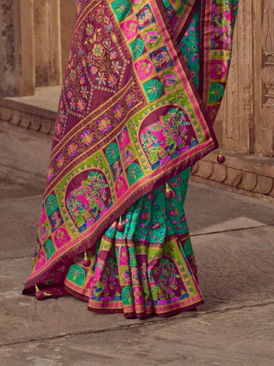 Blue Silk Kalamkari Printed Festival Wedding Fancy Heavy Border Saree