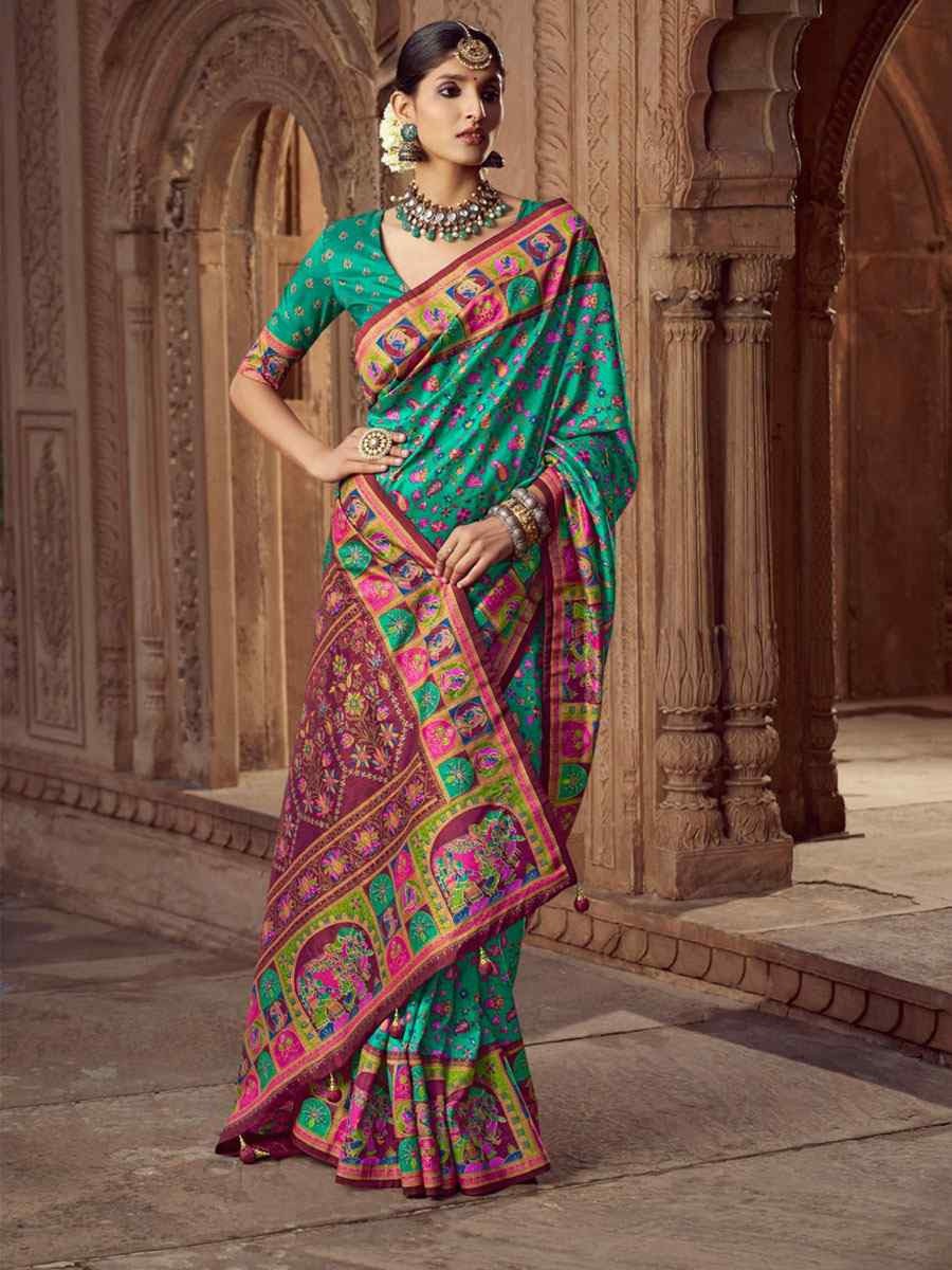 Blue Silk Kalamkari Printed Festival Wedding Fancy Heavy Border Saree