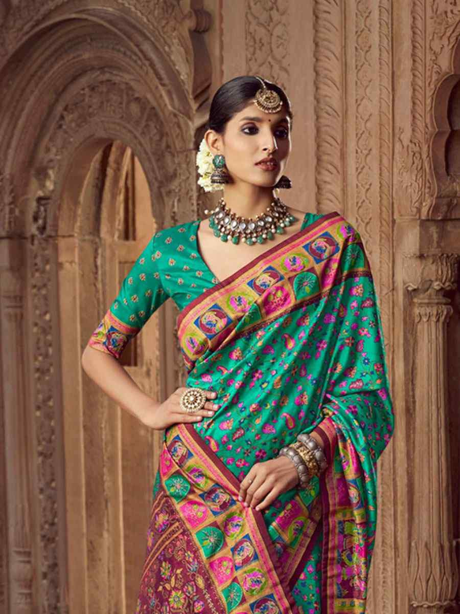 Blue Silk Kalamkari Printed Festival Wedding Fancy Heavy Border Saree