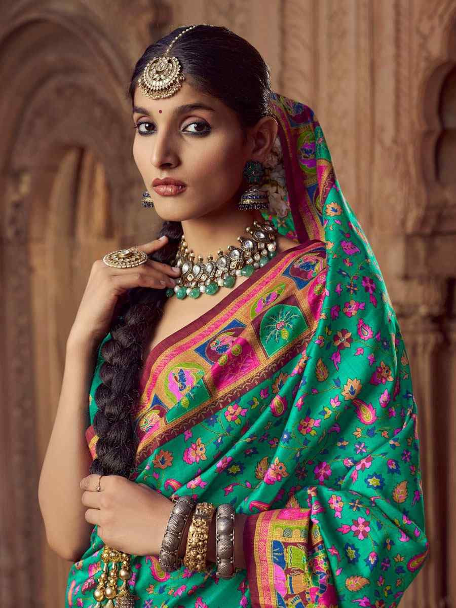 Blue Silk Kalamkari Printed Festival Wedding Fancy Heavy Border Saree