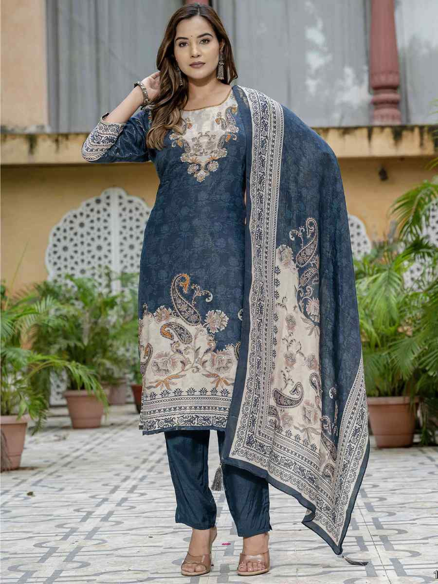 Blue Silk Printed Embroidery Party Wedding Festival Casual Ready Pant Salwar Kameez