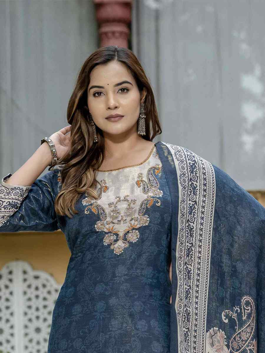 Blue Silk Printed Embroidery Party Wedding Festival Casual Ready Pant Salwar Kameez
