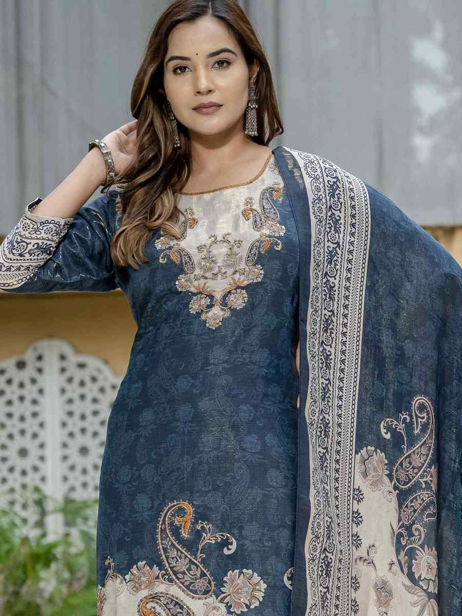 Blue Silk Printed Embroidery Party Wedding Festival Casual Ready Pant Salwar Kameez