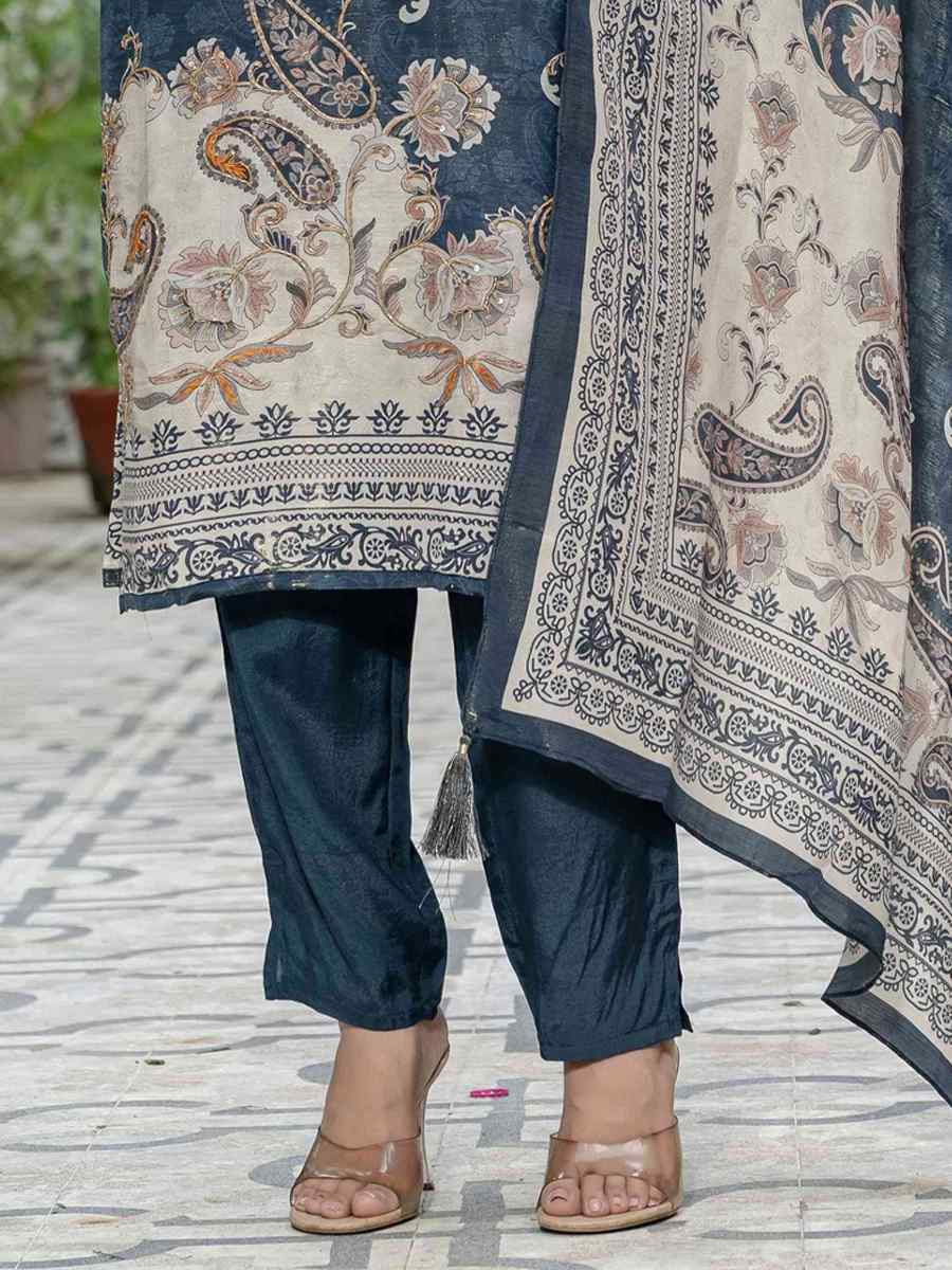 Blue Silk Printed Embroidery Party Wedding Festival Casual Ready Pant Salwar Kameez