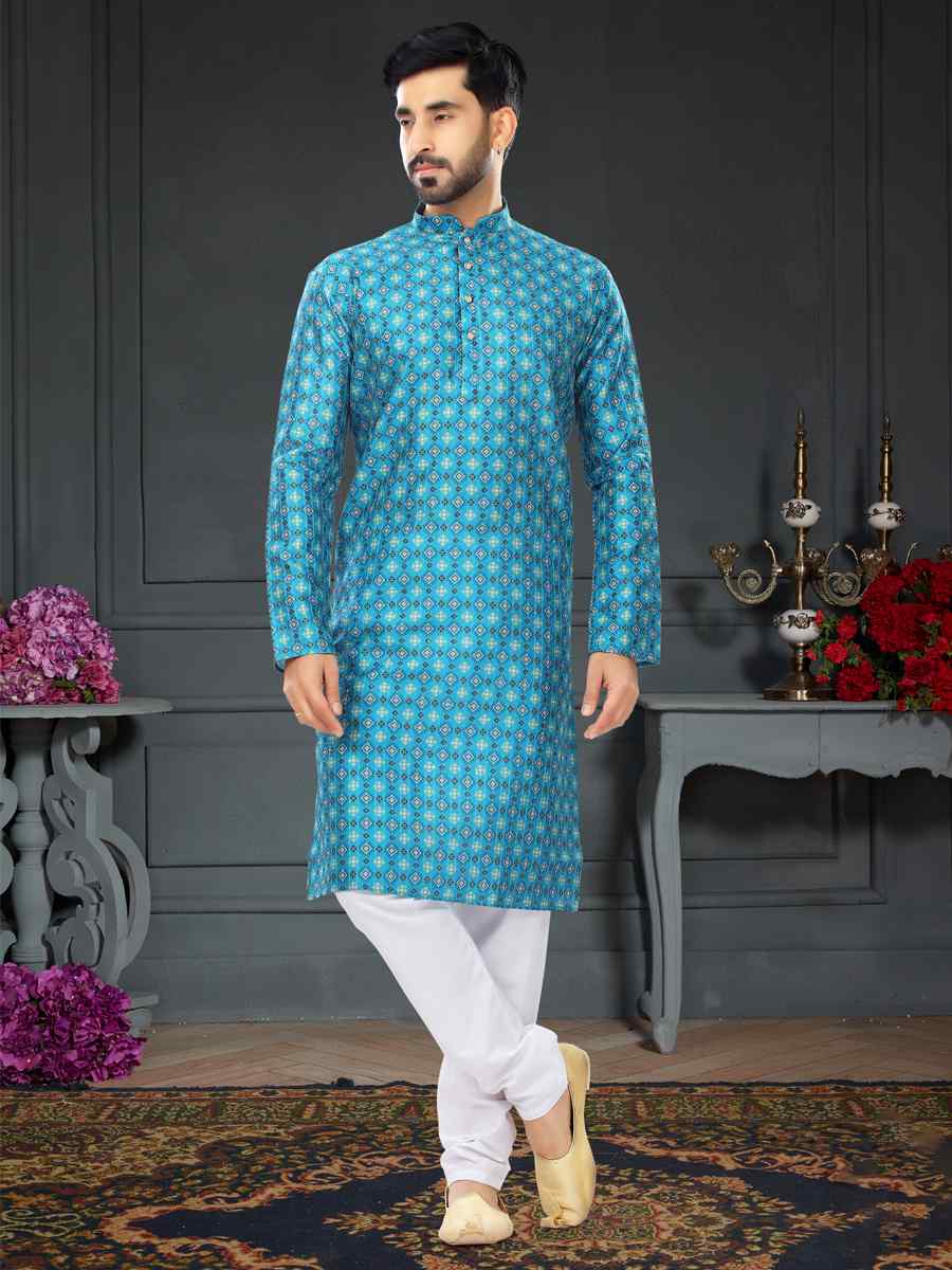 Blue Silk Printed Festival Party Kurta