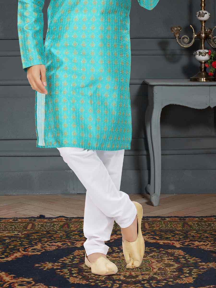 Blue Silk Printed Festival Party Kurta