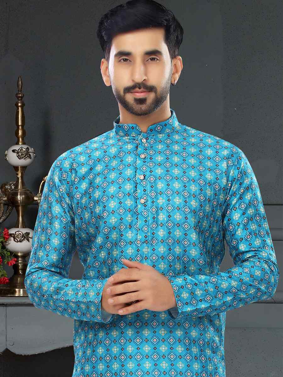 Blue Silk Printed Festival Party Kurta