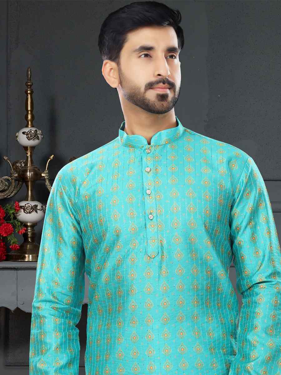 Blue Silk Printed Festival Party Kurta
