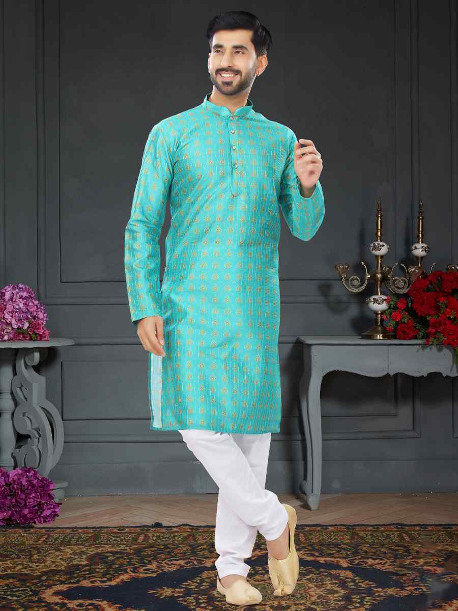 Blue Silk Printed Festival Party Kurta