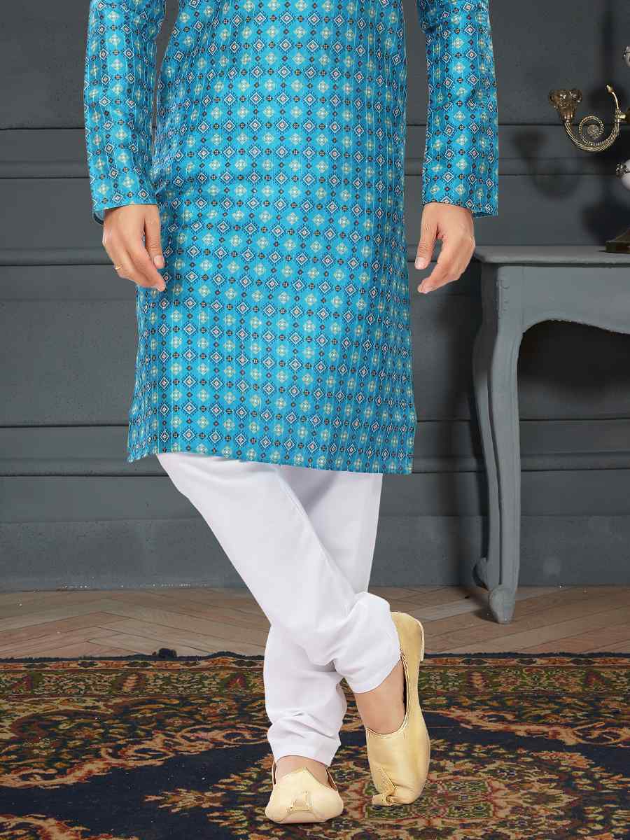 Blue Silk Printed Festival Party Kurta