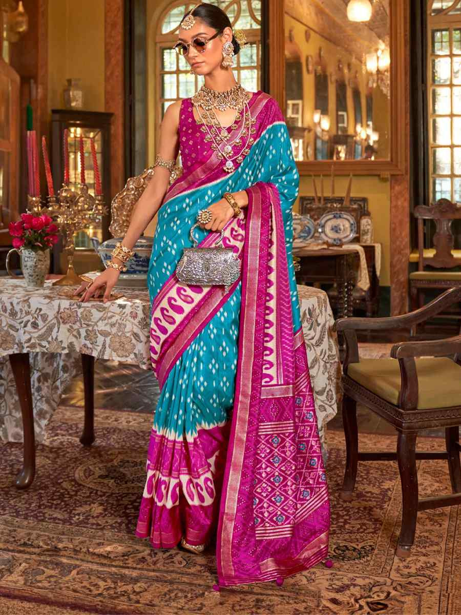 Blue Silk Printed Festival Wedding Fancy Heavy Border Saree