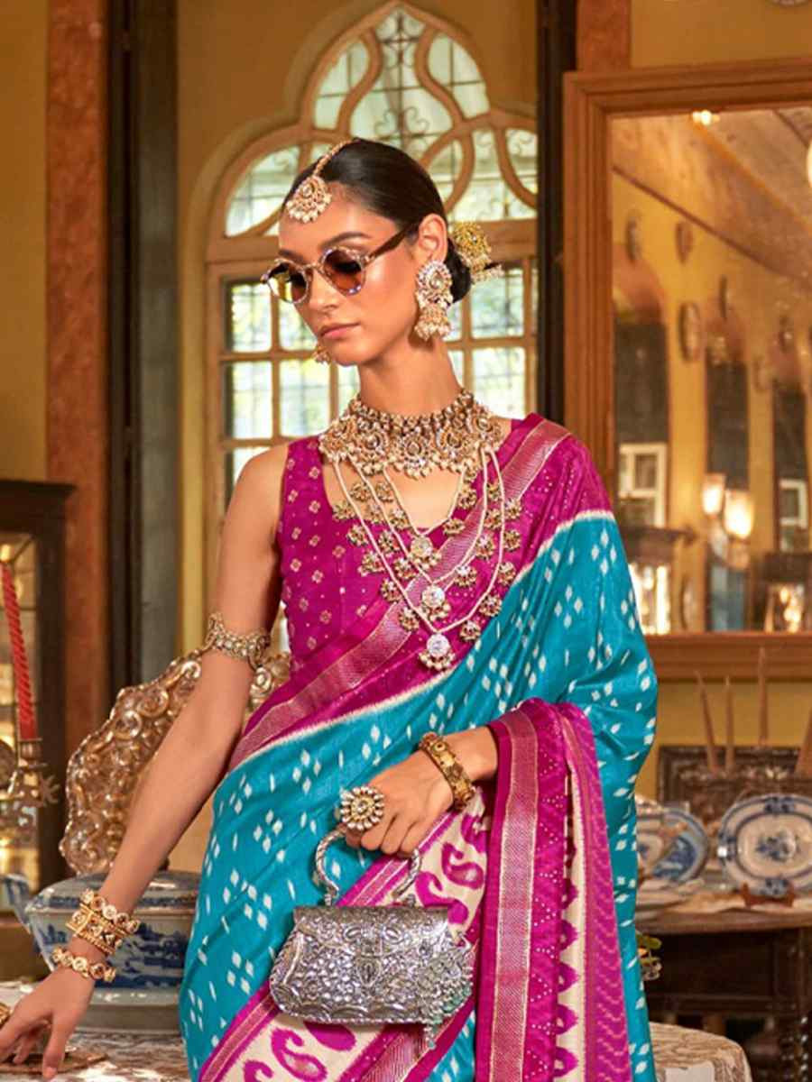 Blue Silk Printed Festival Wedding Fancy Heavy Border Saree