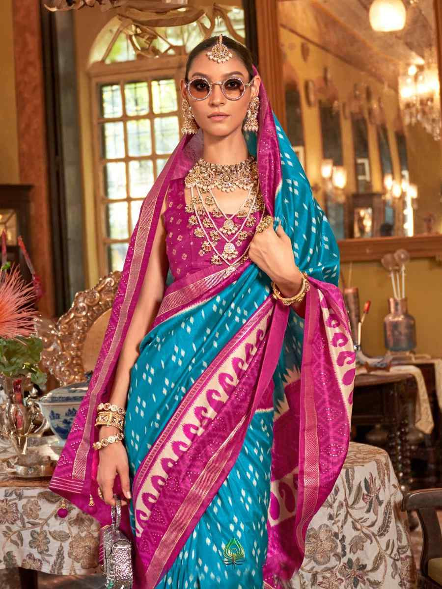 Blue Silk Printed Festival Wedding Fancy Heavy Border Saree