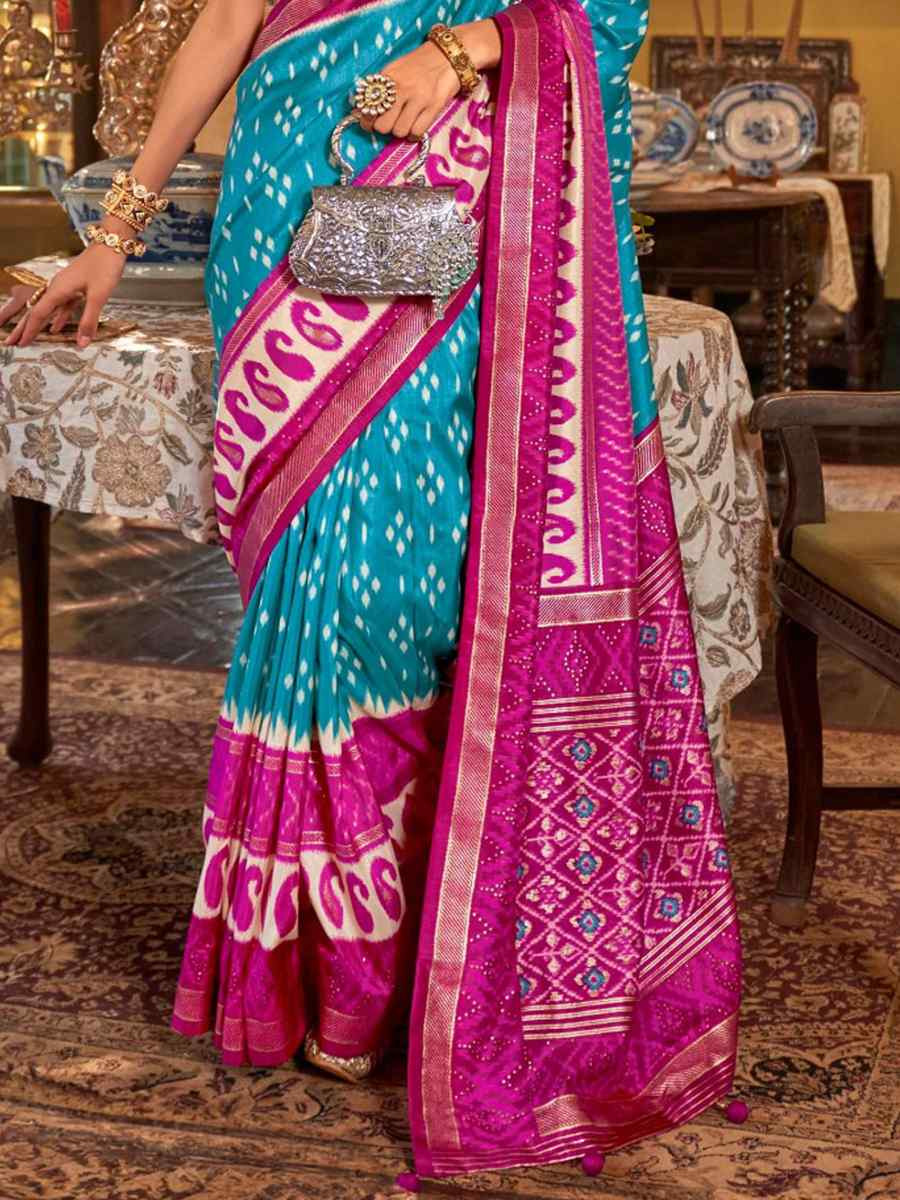 Blue Silk Printed Festival Wedding Fancy Heavy Border Saree