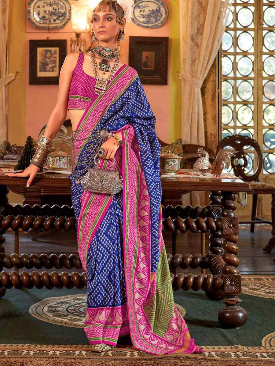 Blue Silk Printed Festival Wedding Fancy Heavy Border Saree