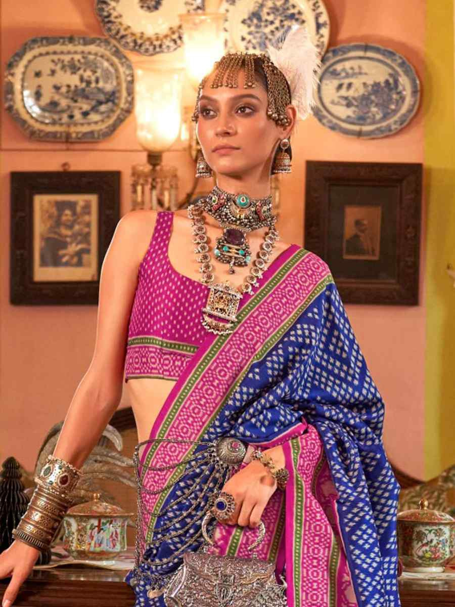 Blue Silk Printed Festival Wedding Fancy Heavy Border Saree