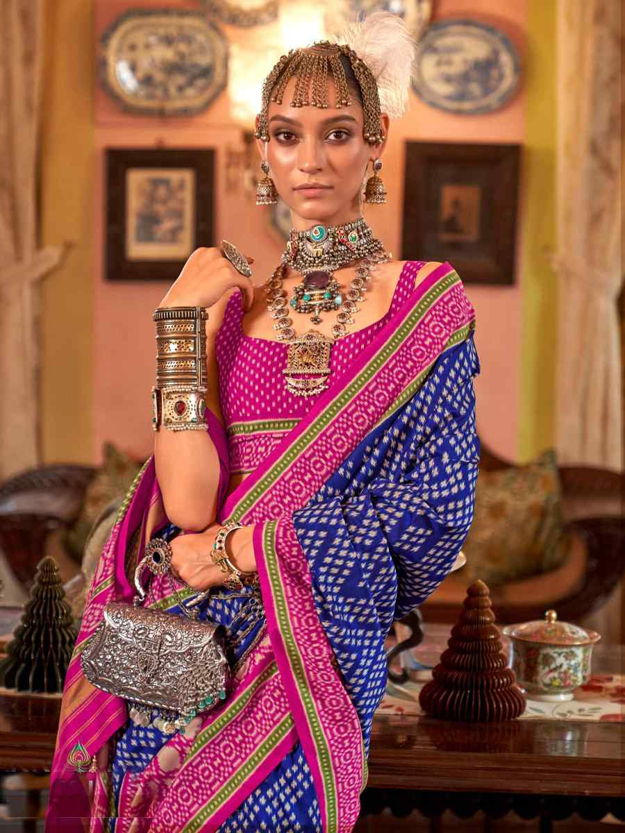 Blue Silk Printed Festival Wedding Fancy Heavy Border Saree