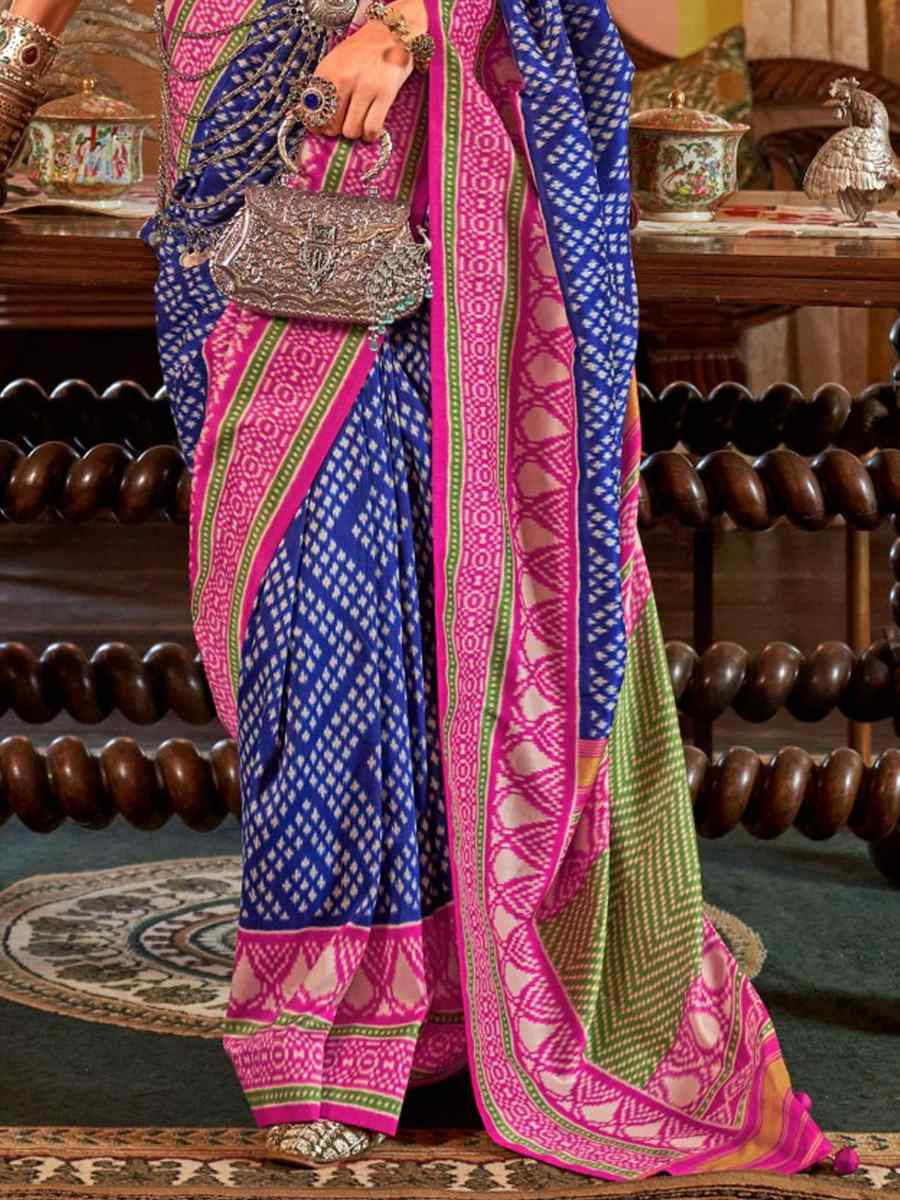 Blue Silk Printed Festival Wedding Fancy Heavy Border Saree