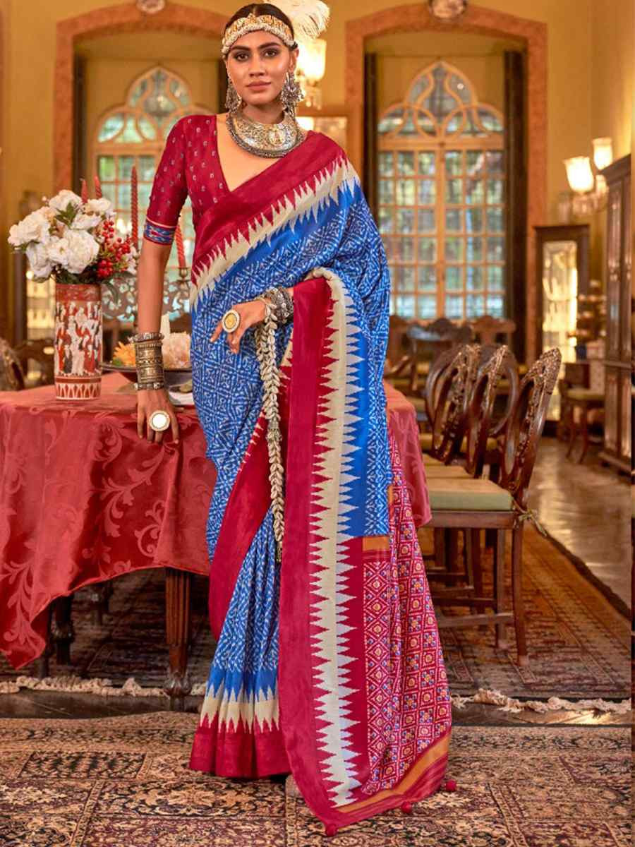 Blue Silk Printed Festival Wedding Fancy Heavy Border Saree