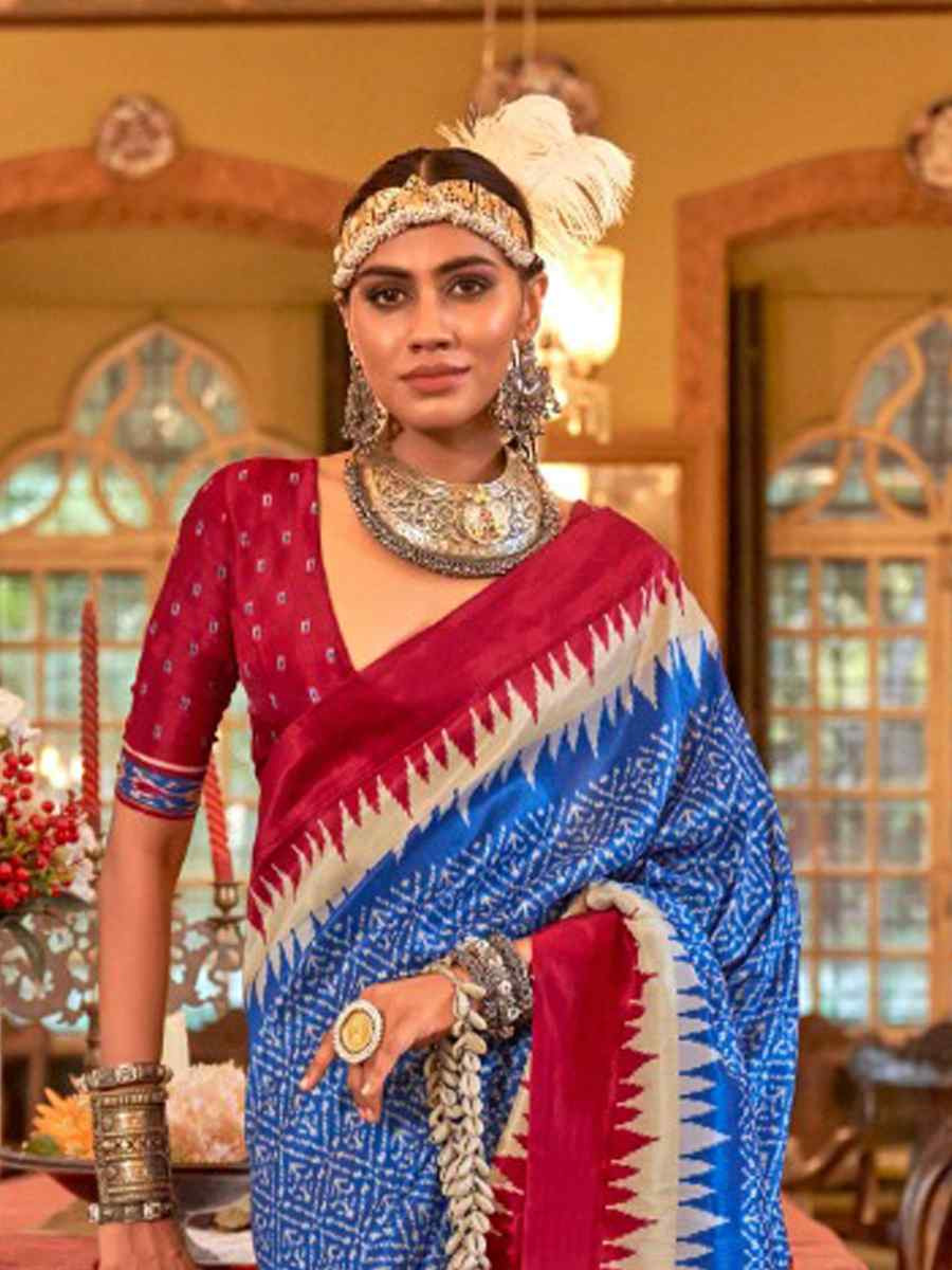 Blue Silk Printed Festival Wedding Fancy Heavy Border Saree