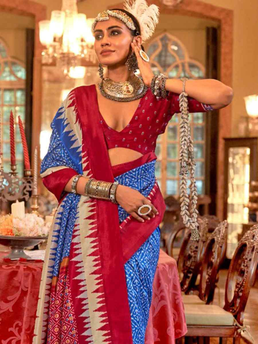 Blue Silk Printed Festival Wedding Fancy Heavy Border Saree